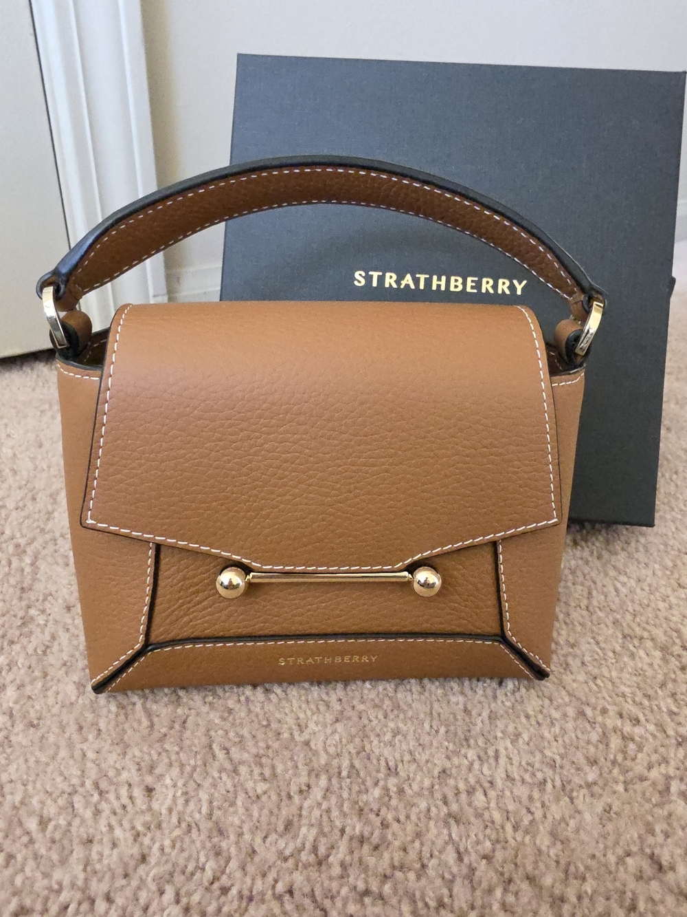 Strathberry Mosaic Nano in tan brown with Gold Hardware